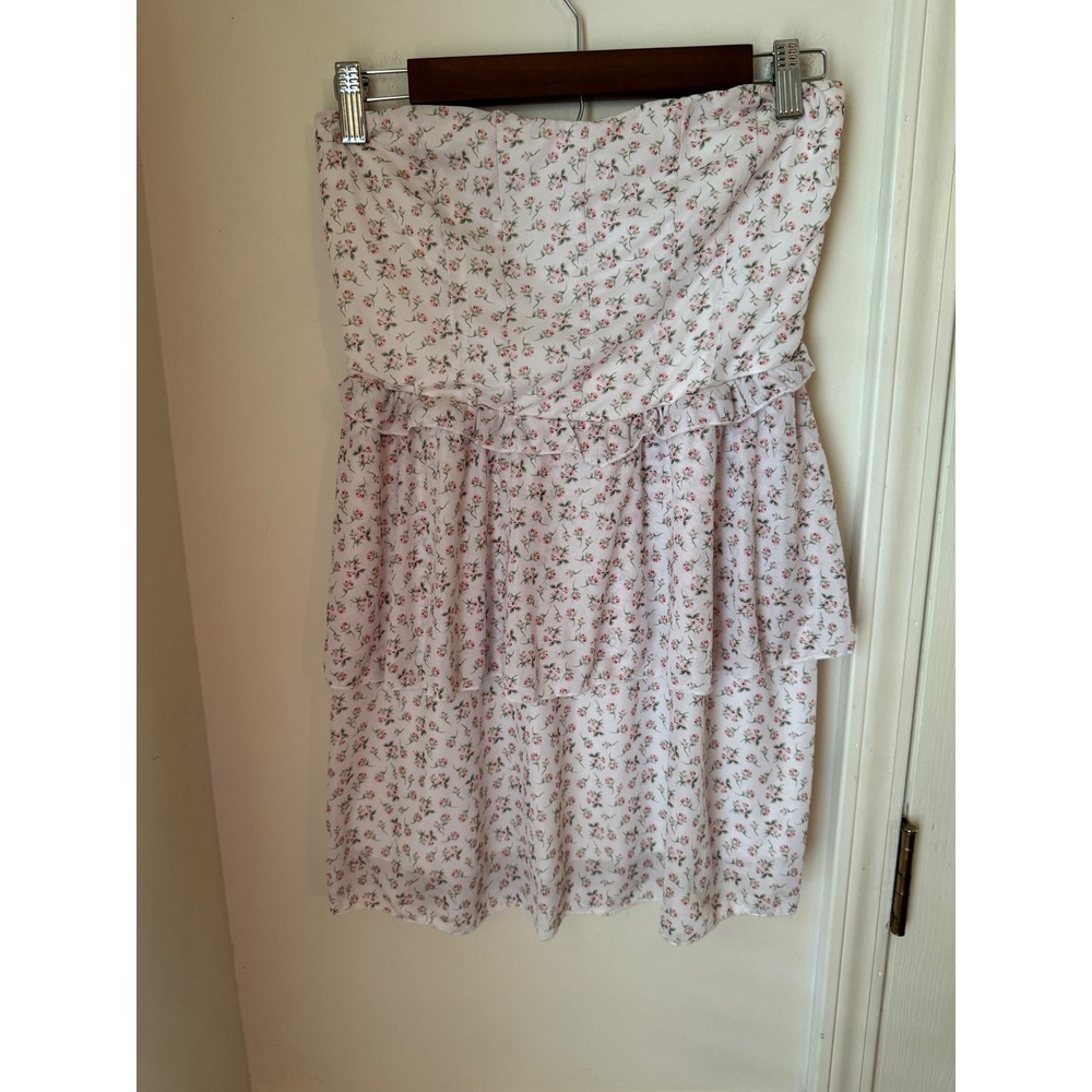Altar'd State Floral Strapless Tiered Mini Dress Pink White Smocked Back M